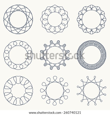 Simple geometric ornaments. Decorative elements. Vector set of circular patterns.