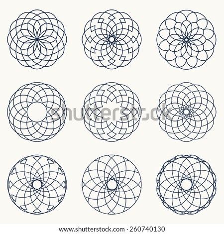 Simple geometric ornaments. Decorative elements. Vector set of circular patterns.