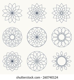 Simple geometric ornaments. Floral elements. Vector set of circular patterns.