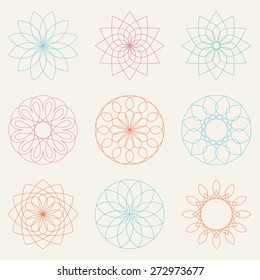Simple geometric ornaments. Floral elements. Abstract symbol. Decorative elements.Vector set of circular patterns.