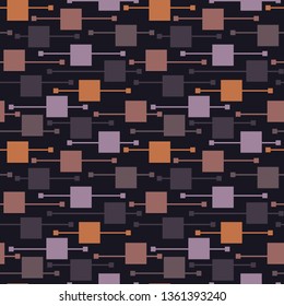 Simple geometric pale squares and lines on dark background. Dark abstract vector seamless patterns for textile, prints, wallpaper etc.