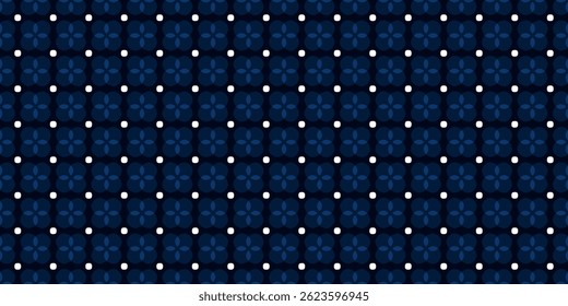Simple geometric pattern abstract floral shapes motif classic blue minimal background. Small flowers dot elements modern fabric design textile swatch ladies dress, men's shirt allover print block.