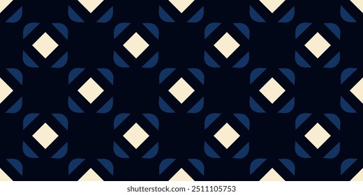 Simple geometric pattern abstract square shapes motif classic blue minimal background. Small diamond, triangle elements modern fabric design textile swatch ladies dress, man shirt allover print block.