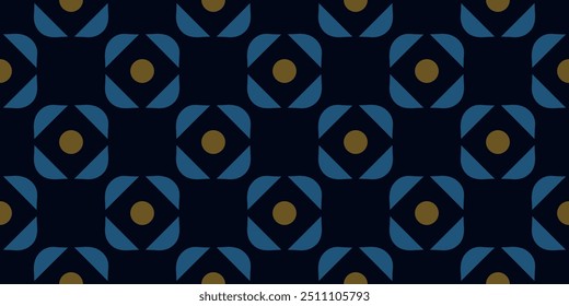 Simple geometric pattern abstract square shapes motif classic blue minimal background. Small circle, triangle elements modern fabric design textile swatch ladies dress, man shirt all over print block.