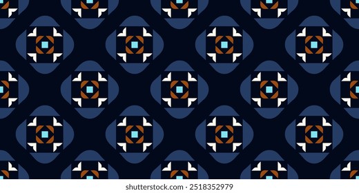 Simple geometric pattern abstract square shapes motif classic blue minimal background. Small diamond, triangle elements modern fabric design textile swatch ladies dress, man shirt allover print block.