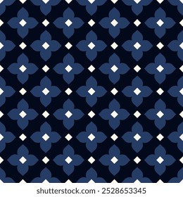 Simple geometric pattern abstract square shapes motif classic blue minimal background. Small diamond, floral elements modern fabric design textile swatch ladies dress, man's shirt allover print block.