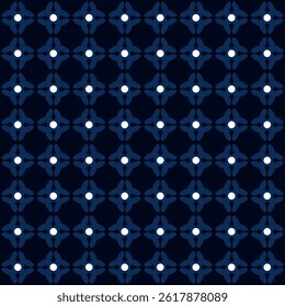Simple geometric pattern abstract square shapes motif classic blue minimal background. Small diamond, floral elements modern fabric design textile swatch ladies dress, man's shirt allover print block.