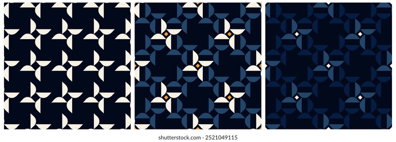 Simple geometric pattern abstract twist shapes motif classic blue minimal background. Small elements modern fabric design textile swatch all over print block, printable texture. Vector graphic set.