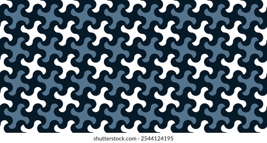 Simple geometric pattern abstract twist shapes motif classic blue white minimal background. Small elements modern fabric design textile swatch all over print block, printable texture. Vector graphic.