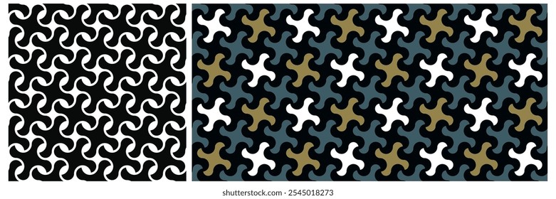 Simple geometric pattern abstract twist shapes motif classic minimal background. Small elements modern fabric design textile swatch all over print block, printable texture. Vector graphic set.