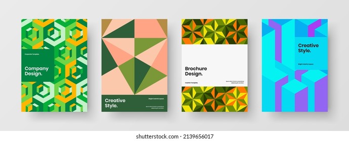 Simple geometric pattern booklet layout collection. Bright company identity A4 design vector template bundle.