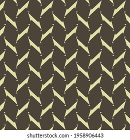 Simple geometric pattern, in dark brown and ivory, composed of diamonds notched in two of the opposite corners. Textile design.
