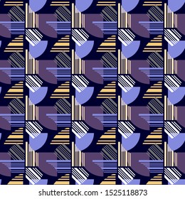 Simple geometric pattern with different shapes. Template for textile design, cards and gift wrappings. Dark blue palette.