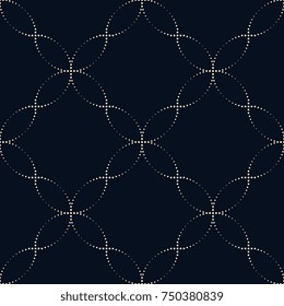 Simple geometric pattern. Dot line ornament on a indigo background. Decorative print block for wallpaper, fabric textile. Traditional oriental design. Vector illustration.