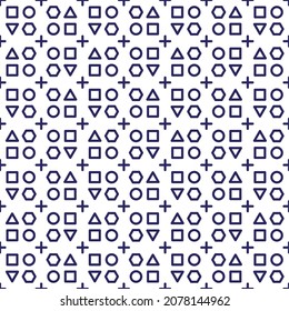 Simple Geometric Pattern. Game Icons Pattern. Monochrome Endless Seamless Pattern. Pattern Consisting of Square, Circle, Triangle and Cross. Poster, Print, Background Vector Design.
