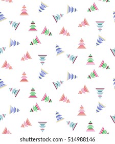 Simple geometric pattern, minimalist seamless print, multicolored Christmas trees with stripes, bright New Year illustration for background, wrapping paper, vector EPS 8