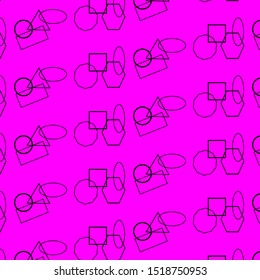Simple geometric pattern repeated on a purple background. Squares, circles, triangles, ovals and rectangles. 