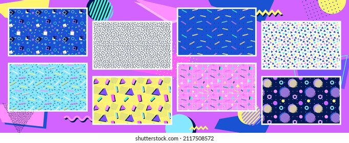 Simple geometric patterns set. 90s style backgrounds collection. Nostalgia for the 90s.