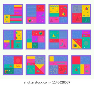 Simple geometric patterns, templates and universal greeting. Universal Collection of cards designed in trendy bright neon colors.