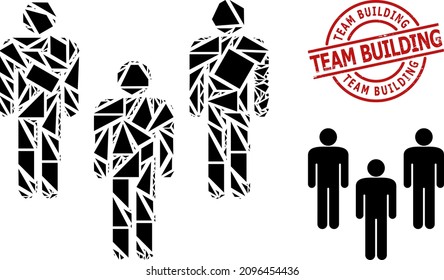 Simple geometric people crowd mosaic and TEAM BUILDING scratched seal. Red stamp seal has TEAM BUILDING tag inside round and lines template.