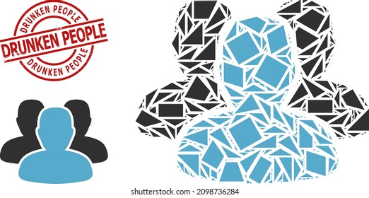 Simple geometric people mosaic and Drunken People grunge stamp seal. Red stamp seal includes DRUNKEN PEOPLE tag inside round and lines shape.