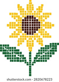 A simple geometric pixel art sunflower design with vibrant yellow petals and a dark center set against clean white background. Ideal for digital design and decorative applications.