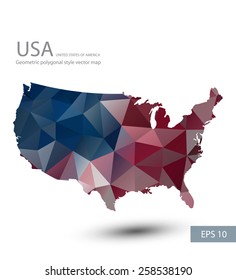 Simple geometric polygonal design vector map of the USA.Abstract USA flag overlay on USA map with geometric polygonal design.