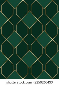 Simple geometric print with golden rhombus on deep green background. Vintage illustration. Seamless pattern.