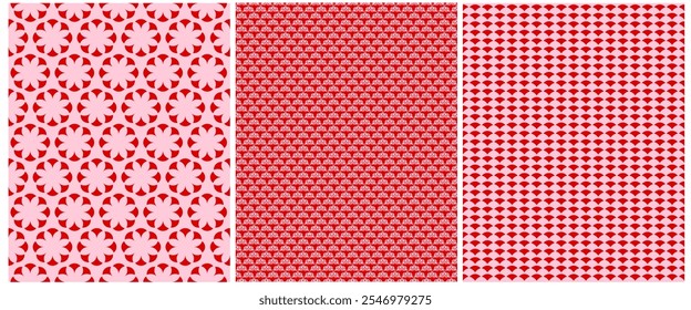 Impresión geométrica simple. Patrón De Vector Sin Costuras Oriental Abstractas Rojo Y Rosa Pastel. Motivo repetible asiático elegante simple. Conjunto de 3 patrones sin costuras tradicionales japoneses y chinos. RGB.