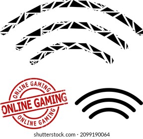 Mosaico de ondas de radio geométricas simples y sello sucio de Gaming Online. El sello rojo incluye la etiqueta de juego en línea dentro de la plantilla de redondeo y líneas.