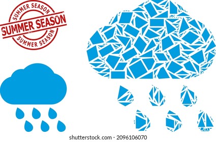 Einfache geometrische Regenwolke-Mosaik und Sommersaison strukturierte Stempel. Roter Stempel hat Sommersaison Tag in Runde und Linien Vorlage. Symbolcollage für Vektorregenwolke, die aus verstreuten Dreiecken entworfen wurde,