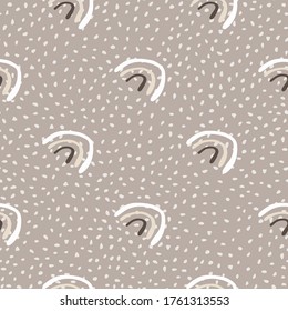 Simple geometric rainbow seamless pattern on dots background. Scandinavian style. Decorative backdrop for fabric design, textile print, wrapping, cover. Vector illustration.