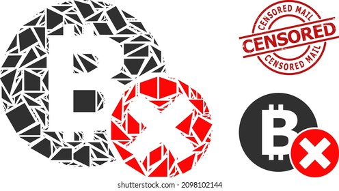 Simple geometric reject bitcoin mosaic and Censored Mail textured stamp imitation. Red stamp seal includes Censored Mail text inside round and lines template.