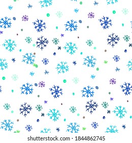 Simple geometric repeating pattern with blue hand-drawn snowflakes. Seamless abstract pattern with shapes. Vector illustration
