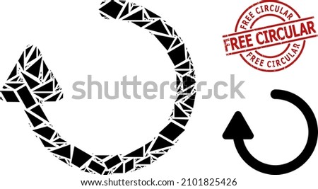Simple geometric rotate right arrow mosaic and Free Circular corroded stamp imitation. Red stamp contains Free Circular title inside round and lines template.