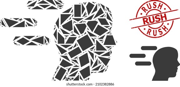 Simple geometric rush mind mosaic and Rush textured stamp print. Red stamp seal has Rush caption inside round and lines form. Vector rush mind icon collage is combined from chaotic triangles,
