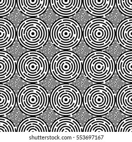 Simple geometric seamless pattern with black circles on white background. Stock vector illustration for textile design.