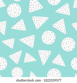 Simple geometric seamless pattern with circles and triangles. Drawn by hand. Cute vector illustration.