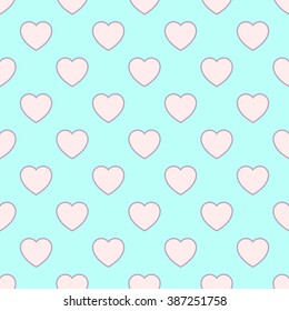 Simple geometric seamless pattern for congratulations to 8 March with pink hearts on light blue background. 