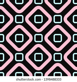 Simple geometric seamless pattern. Girl print with squares and rhombus. Vector illustration. Black, turquoise, pink.