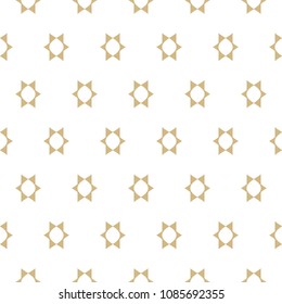 Simple geometric seamless pattern with golden figures. Vector abstract white and gold ornamental texture. Festive ornate background with small elements, stars, flower shapes. Minimal repeat design 