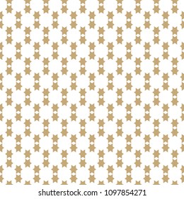 Simple geometric seamless pattern with golden stars. Vector abstract white and gold ornamental texture. Festive ornate background with small elements. Repeat design for decoration, fabric, wrapping