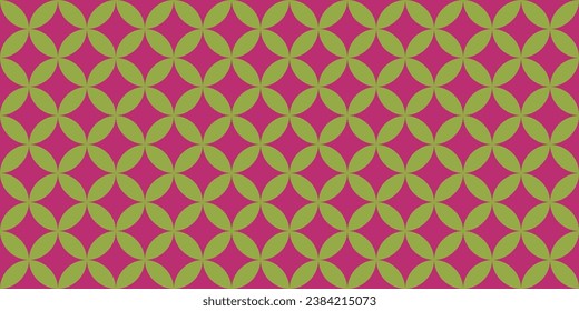 Simple geometric seamless pattern with green petals and magenta rhombus, vector illustration