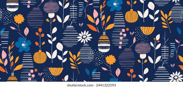 Simple geometric seamless pattern with lines of vases of flowers and leaves.