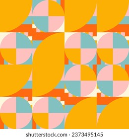 Simple geometric seamless pattern. Modern abstract background with circle, semi circle, square, rectangle stripe shapes in pastel colors.