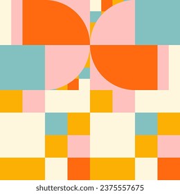 Simple geometric seamless pattern. Modern abstract background with circle, semi circle, square, rectangle stripe shapes in pastel colors.