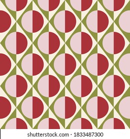 Motif géométrique simple et harmonieux de bus, triangles et cercles en vert, rose pâle, crème et rouge. Illustration vectorielle pour le design de mode, fond d'écran, textile, tissu, papier d'emballage.