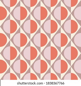 Simple geometric seamless pattern of rhombuses, triangles and circles in taupe, pale pink, cream and coral colors. Vector illustration for fashion design, wallpaper, textile, fabric, wrapping paper.