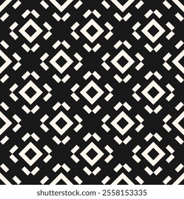 Simple geometric seamless pattern with small square shapes, lines, diamonds. Black and white pixel art texture. Abstract monochrome vector background. Stylish repeating dark design for decor, textile