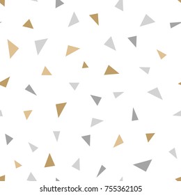 Simple geometric seamless pattern with small golden and silver triangle forms. Repeat small gold color glitter figures. Vector holiday decor background.